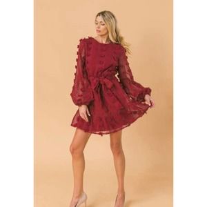 Flying Tomato by A Calin Red Long Sleeve Pom Pom Dress Womens Size Medium